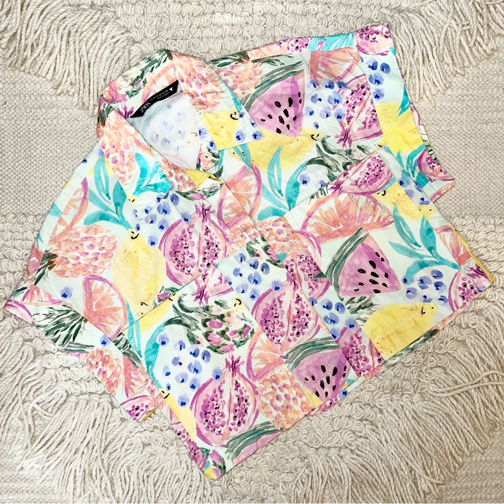 ZARA pastel watercolor fruit print cargo button up crop top XS
